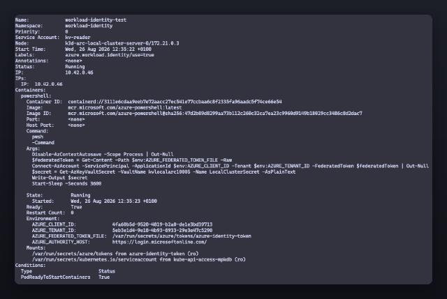 The injected Azure environment variables and the projected token volume The injected Azure environment variables and the projected token volume