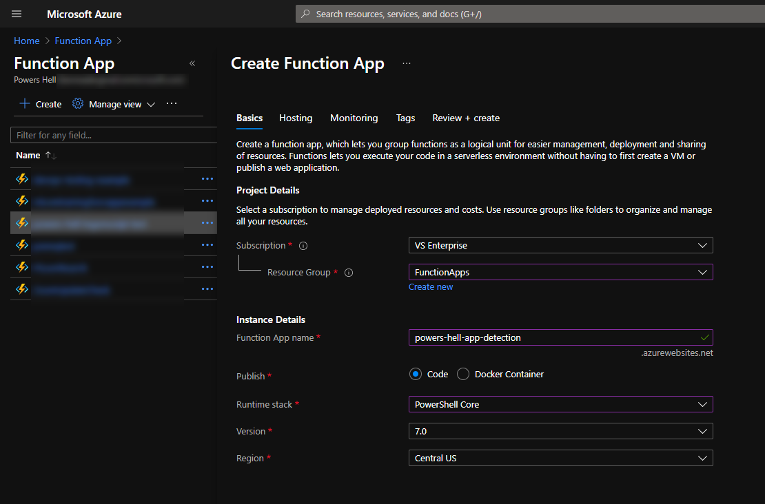 Basic function app creation